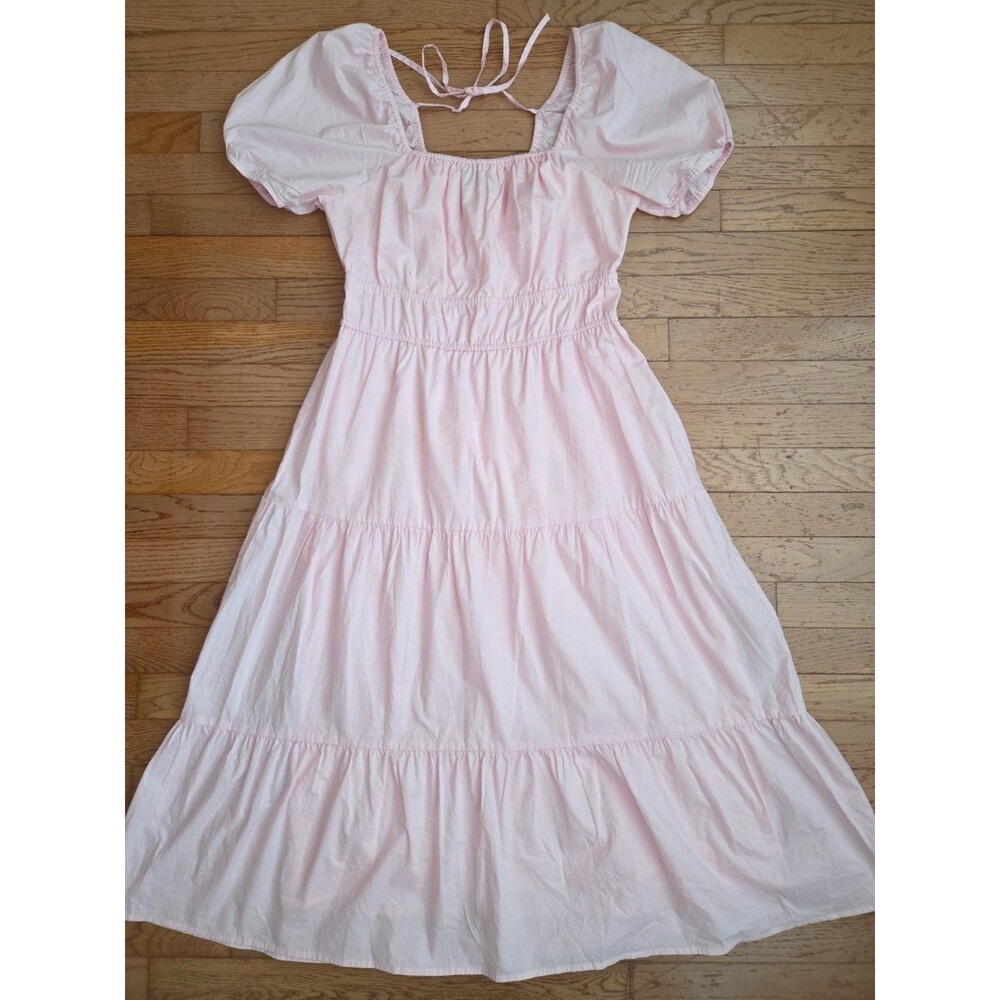 Sanctuary Women's 8 Poplin Square Neck Short Puff Sleeve Back Tie Tiered Dress